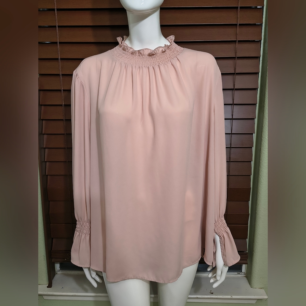 Vince Camuto Blush Pink Ruffle Smocked Neck Long Sleeve Blouse